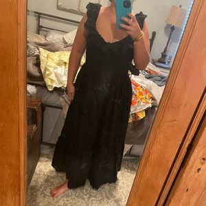 Astr black eyelet ruffled tie back midi